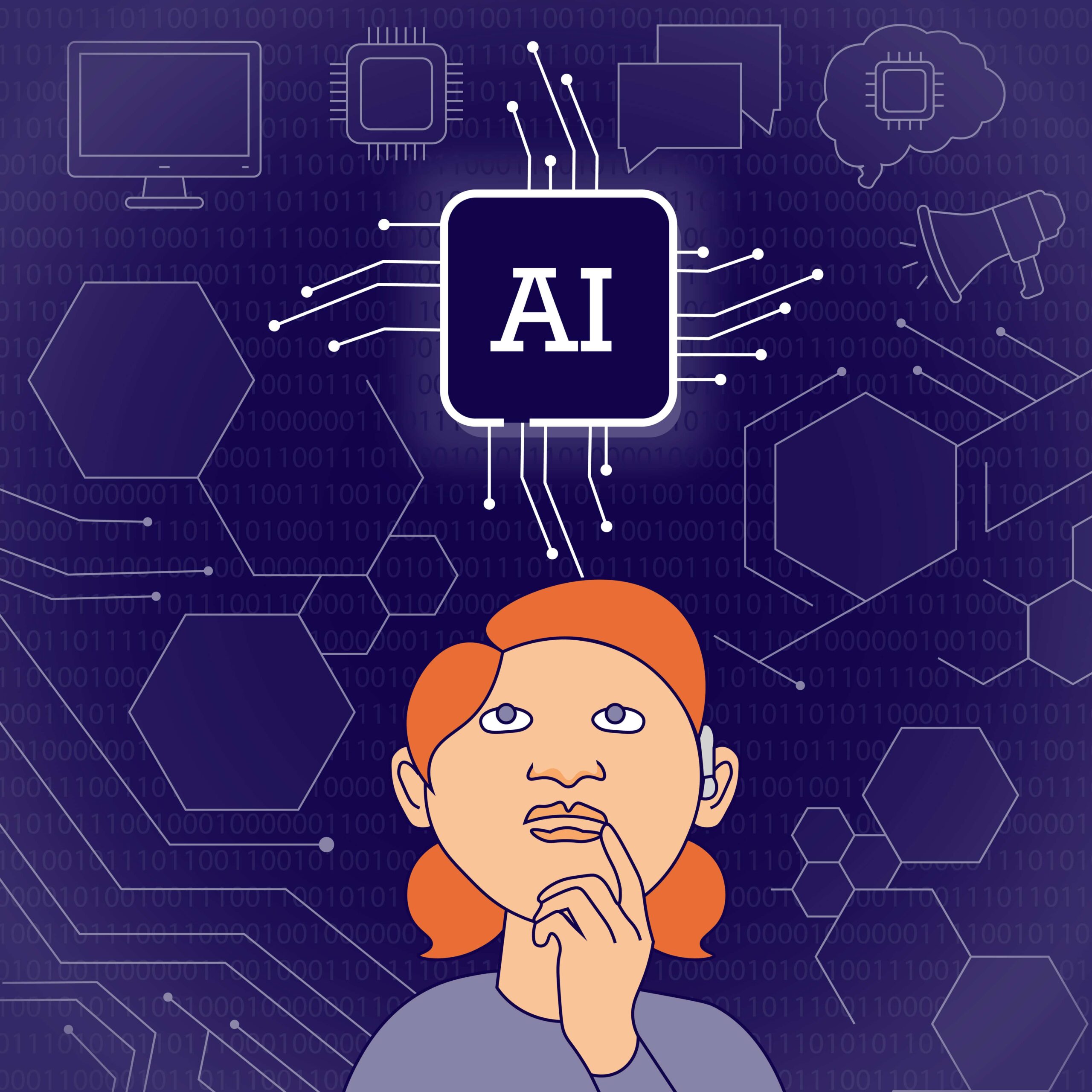An illustration of a person looking up thoughtfully and touching their face. Above them are the letters AI. They are surrounded by a pattern of hexagonal shapes.